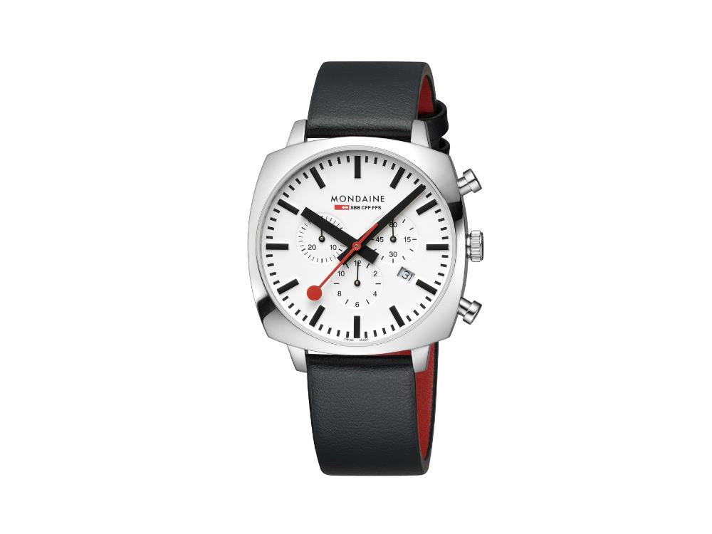 Mondaine Cushion Quartz Watch, White, 41 mm, Leather strap, MSL.41410.LBV.SET
