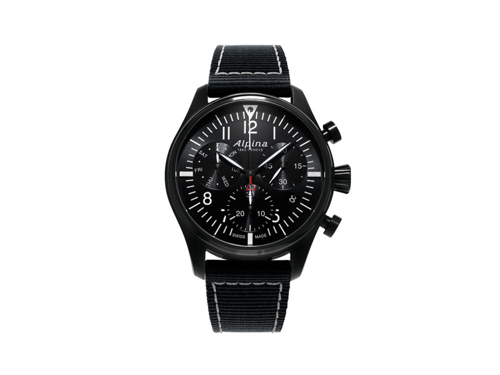 Alpina Startimer Pilot Chronograph Quartz Watch, PVD, 42 mm, Black, Day and date