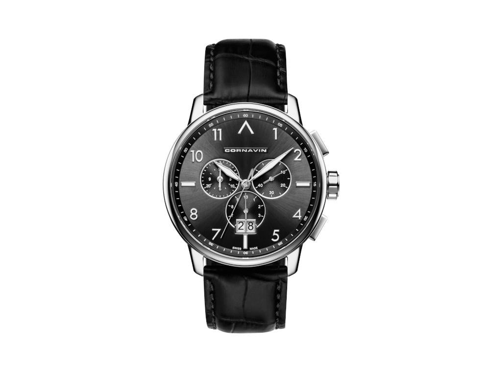 Cornavin Big Date Quartz Watch, Chronograph, 43 mm, Black, CO.BD.01.L