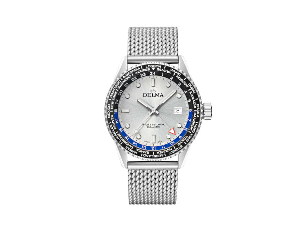 Delma Diver Cayman Worldtimer Quartz Watch, Silver, 42 mm, 41801.712.6.061