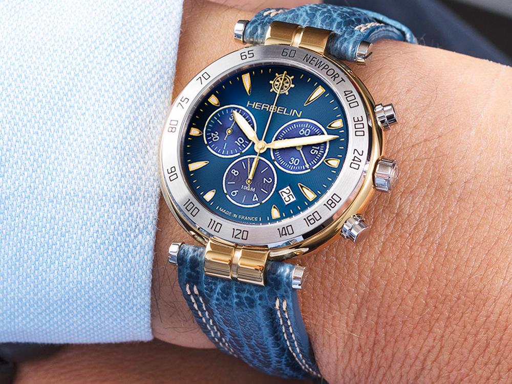 Herbelin Newport Quartz Watch, PVD Gold, Blue, 40 mm, Chronograph, 37654T35