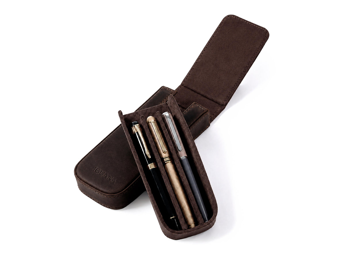 Iguana Pen Case Brown for 3 writing items, PEN-CASE-BROWN-3