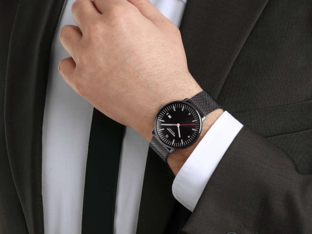 Mondaine Doppio IP Gun Quartz Watch, Black, 41 mm, MLE.41220.SM