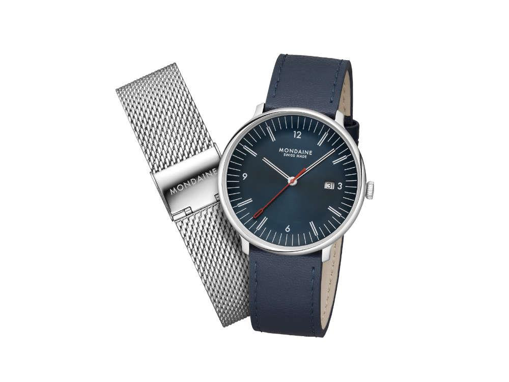 Mondaine Doppio Quartz Watch, Blue, 41 mm, MLE.41240.LQV.SET