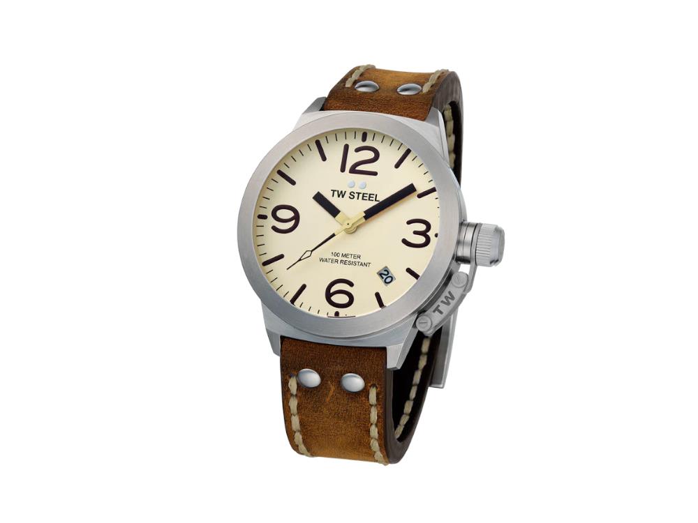 TW Steel Classic Canteen Quartz Watch, Beige, 45 mm, Leather, 10 atm, CS100