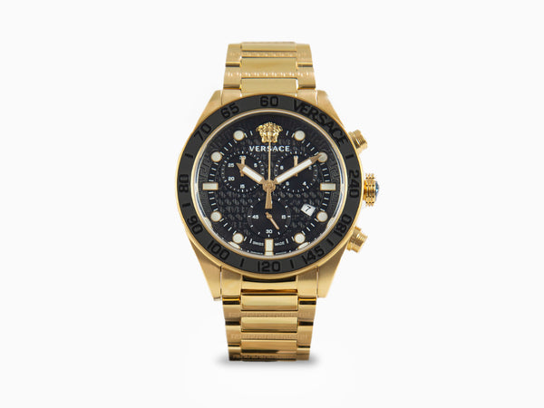 Versace Greca Dome Chrono Quartz Watch, PVD Gold, Black, 43 mm, VE6K00 -  Iguana Sell