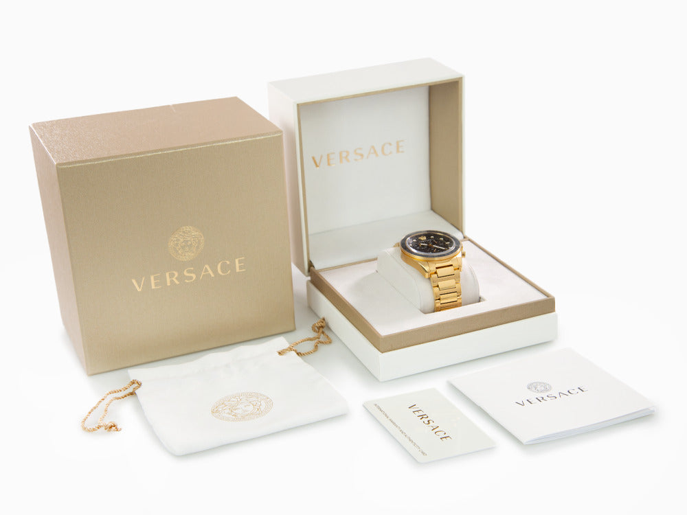 Versace Greca Dome Chrono Black, Iguana Quartz 43 mm, VE6K00 PVD Watch, Gold, - Sell