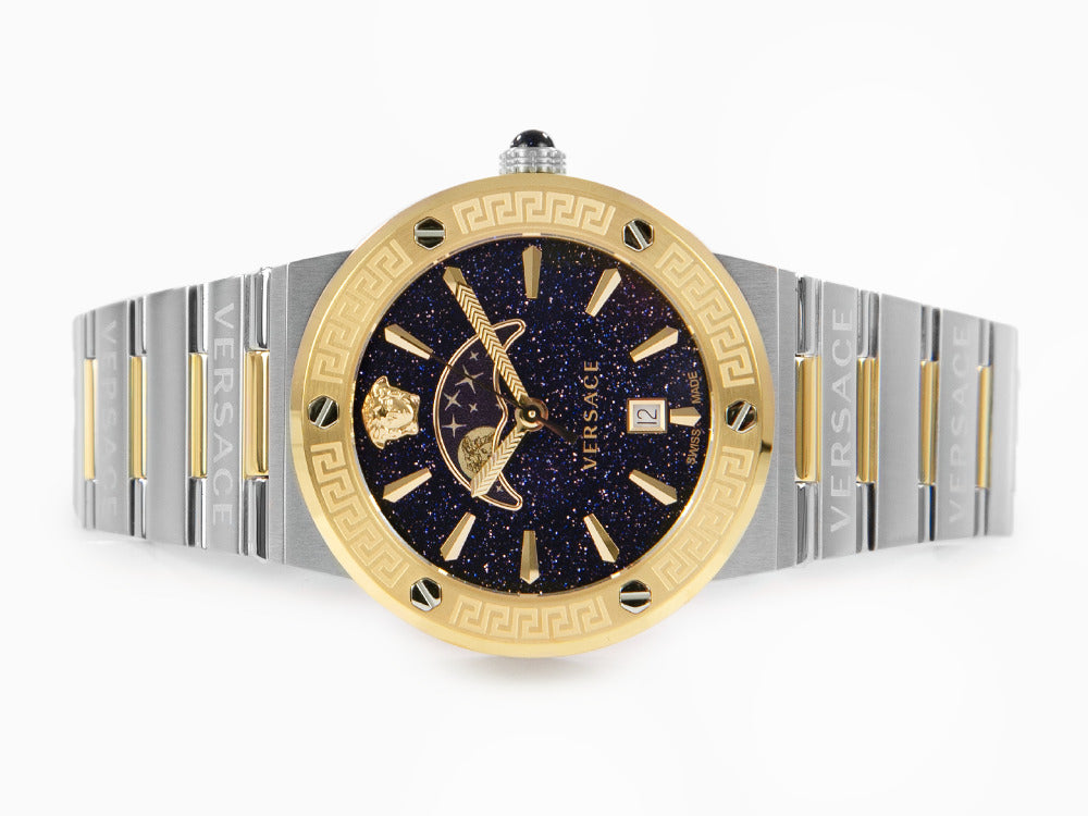 Versace Greca Logo Moonphase Quartz Watch, PVD Gold, Blue, 38 mm