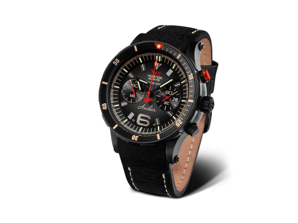 Vostok Europe Anchar Quartz Watch, Black, 48.7 mm, Tritium, Chrono, 6S21-510C582