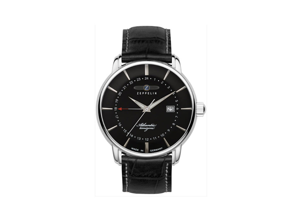 Zeppelin Atlantic Quartz Watch, Black, 41 mm, Day, Leather strap, 8442-2