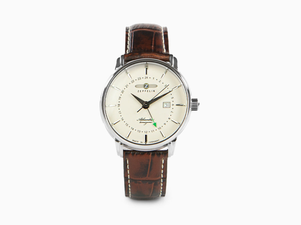 Zeppelin Atlantic Quartz Watch, White, 41 mm, Day, Leather strap, 8442-5