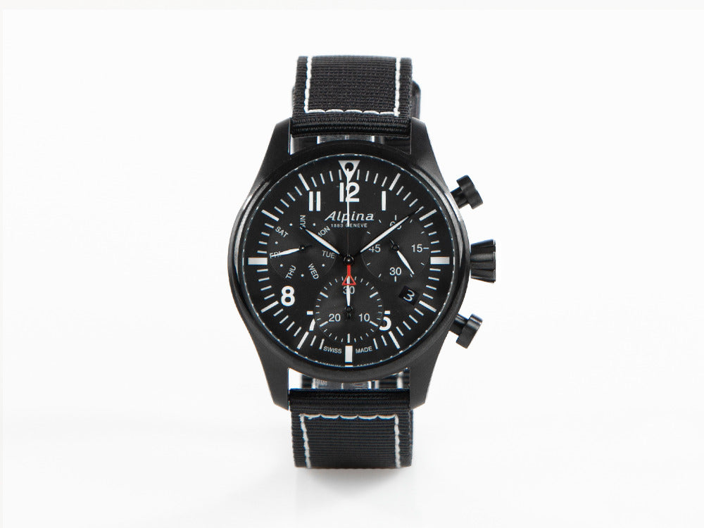 Alpina Startimer Pilot Chronograph Quartz Watch, PVD, 42 mm, Black, Day and date