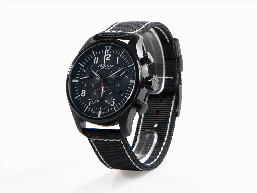 Alpina Startimer Pilot Chronograph Quartz Watch, PVD, 42 mm, Black, Day and date