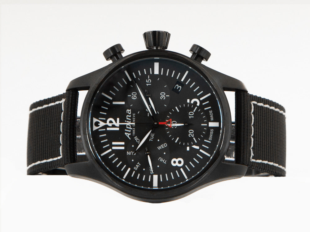 Alpina Startimer Pilot Chronograph Quartz Watch, PVD, 42 mm, Black, Day and date
