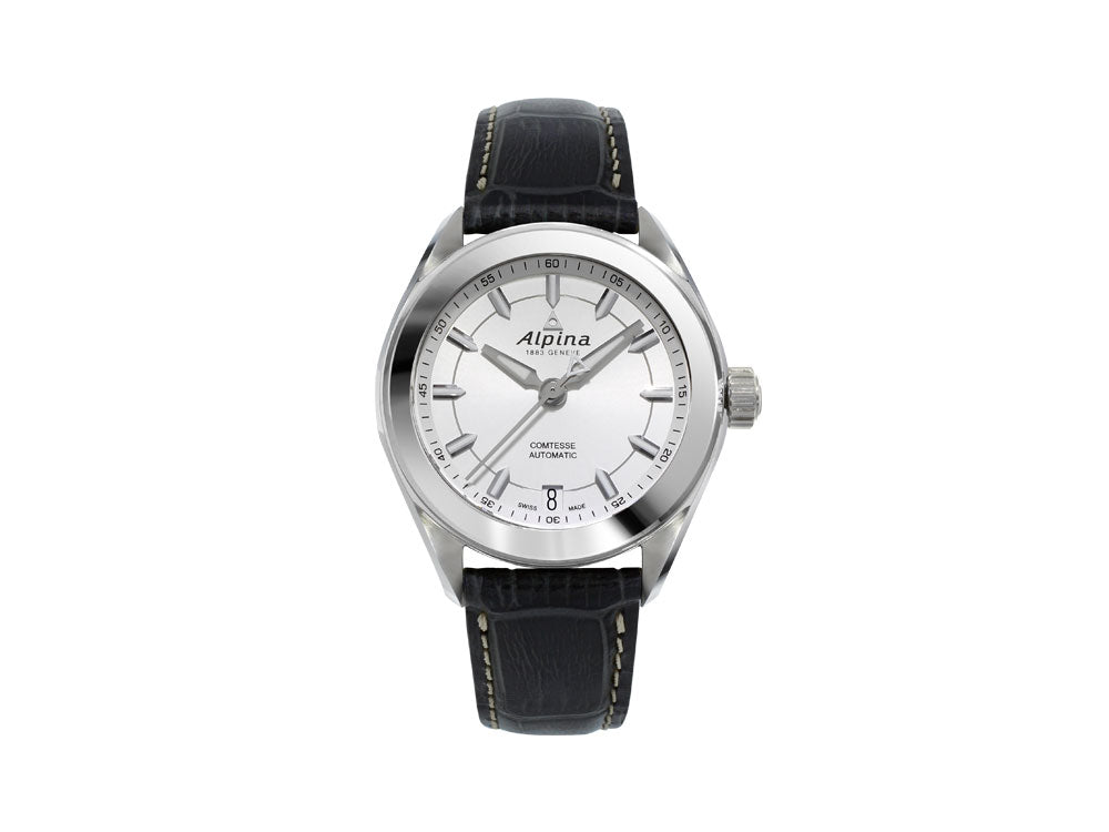Alpina Comtesse Ladies Automatic Watch, Silver, 34mm, Day, Leather strap