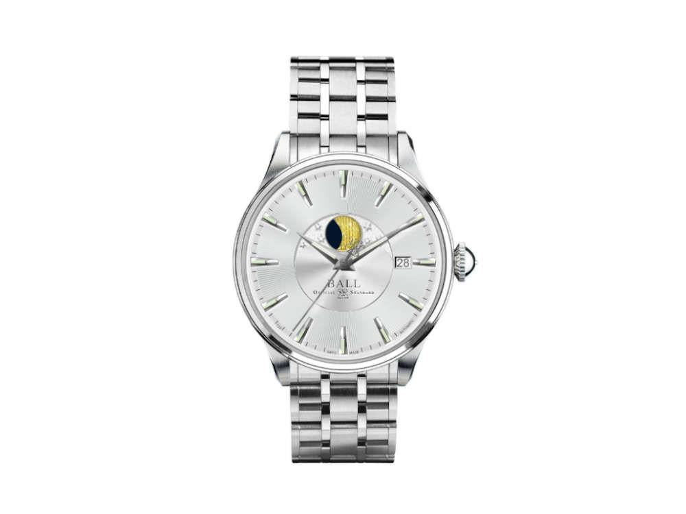 Ball Trainmaster Moon Phase Automatic Watch, Ball RR1801, Silver, Steel bracelet