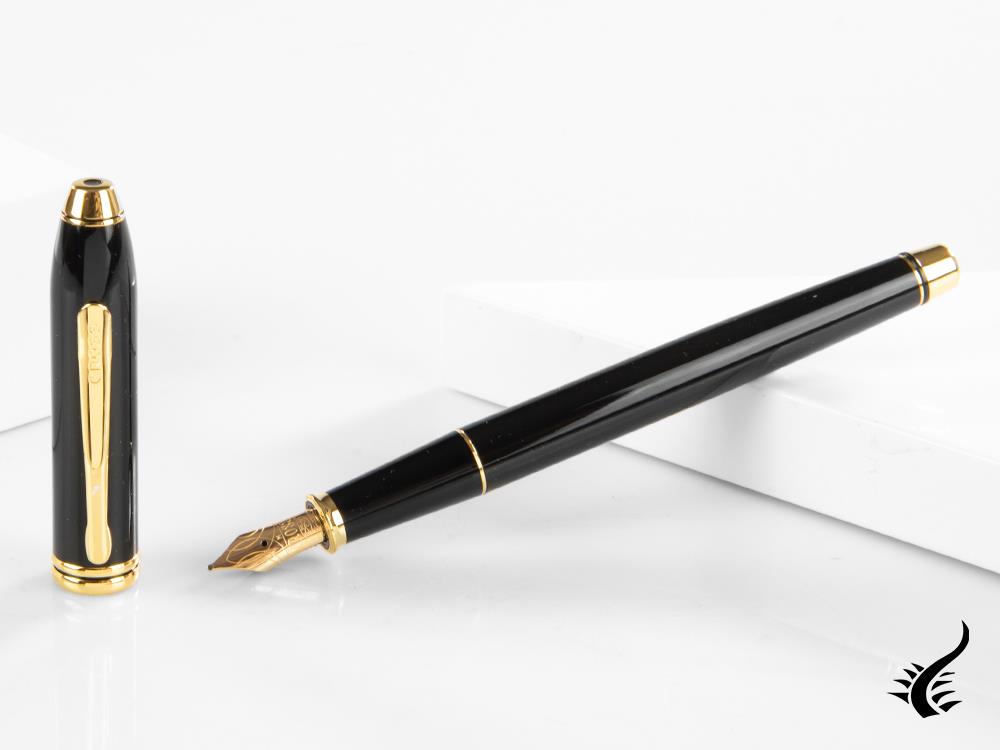 Cross Townsend Fountain Pen, Lacquer, Black, 23K Gold Trim, Polished