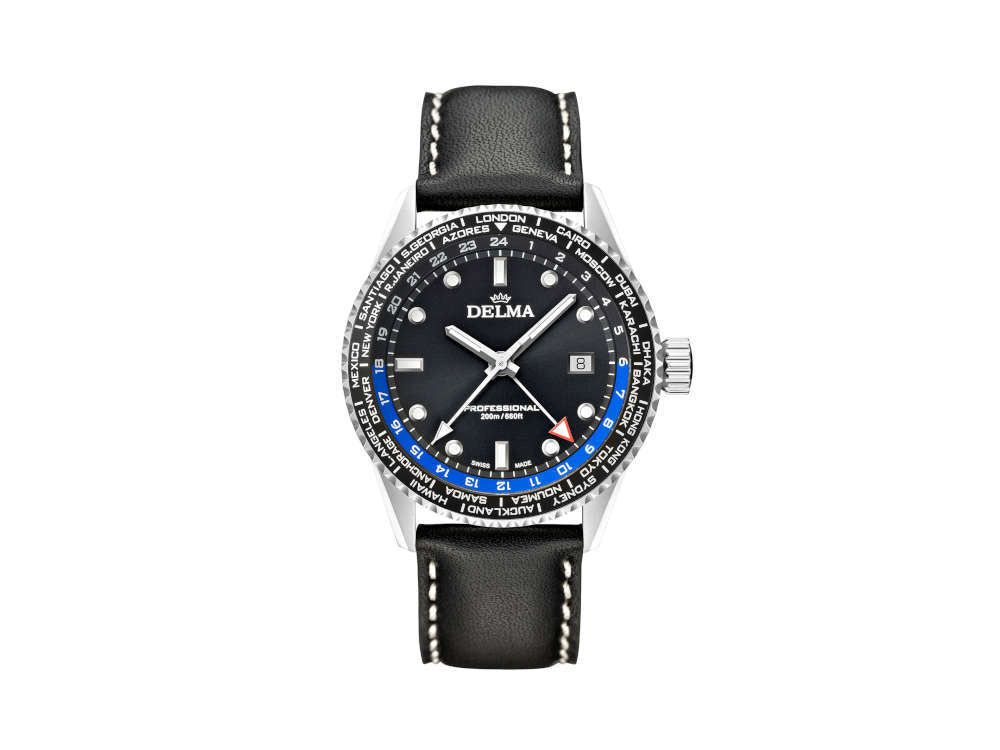 Delma Diver Cayman Worldtimer Quartz Watch, Black, 42mm, 20 atm, 41601.712.6.031
