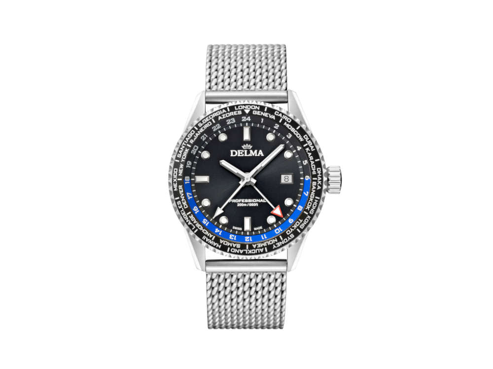 Delma Diver Cayman Worldtimer Quartz Watch, Black, 42mm, 20 atm, 41801.712.6.031