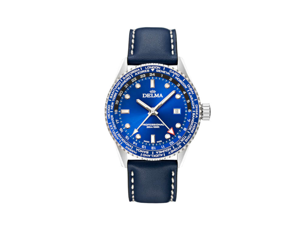 Delma Diver Cayman Worldtimer Quartz Watch, Blue, 42 mm, 20 atm, 41601.712.6.041