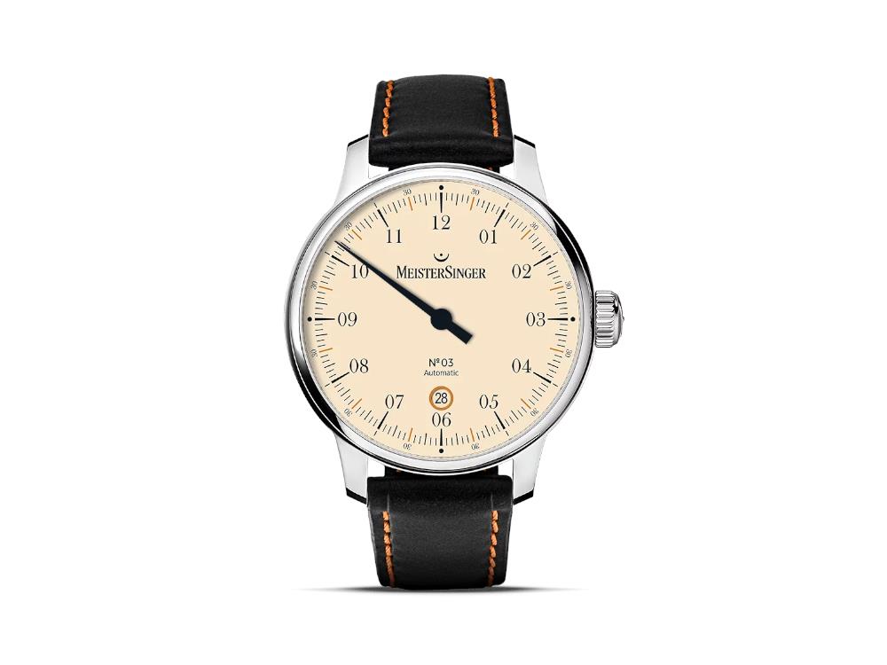 Meistersinger N3 - 40 mm Ivory Automatic Watch, SW 200, Black leather, DM903C
