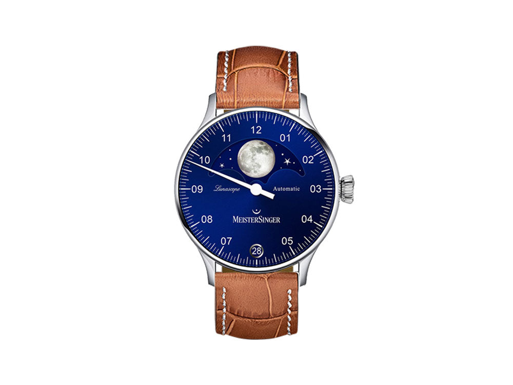 Meistersinger Lunascope Automatic Watch, Blue, 40 mm, Cognac, Day, LS908-SG03W