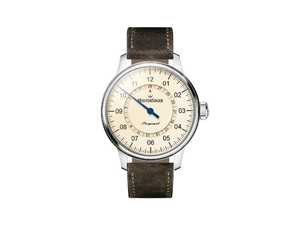Meistersinger Perigraph Automatic Watch, 43mm, Ivory, Leather, AM1003-SV02
