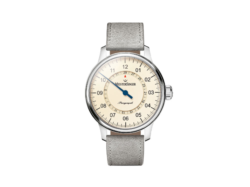 Meistersinger Perigraph Automatic Watch, ETA 2824-2, 43mm, Ivory, Grey leather