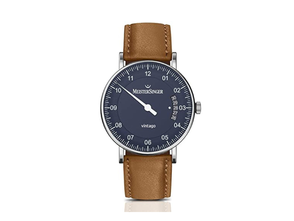 Meistersinger Vintago Automatic Watch, SW 200-1, 38mm, Blue, Leather, VT908