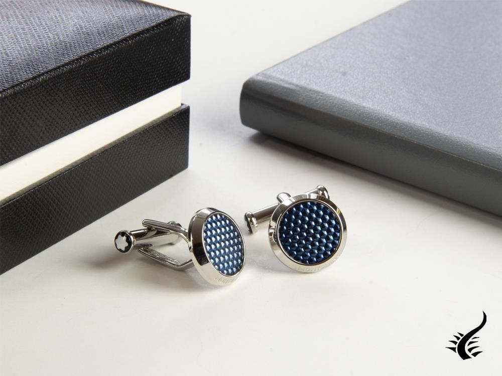 Montblanc Iconic Cufflinks, Stainless steel, Lacquer, Blue, Guilloché, 112904