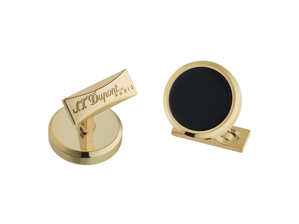 S.T. Dupont Round Cufflinks, Steel and PVD Gold, Black lacquer, Black, 005577